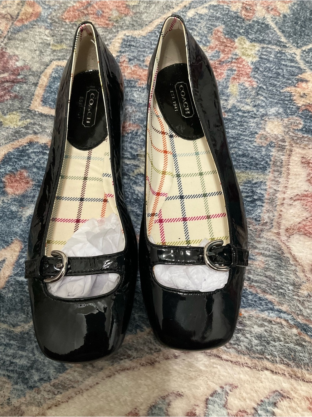 COACH Black Patent Leather Ballet Flats with Silver Buckle